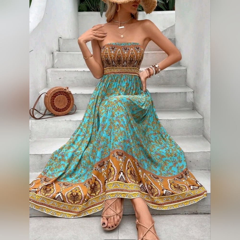 NEW Boho Floral Print Smocked Tube Top Dress Teal Blue Green Yellow Tan - Picture 4 of 11
